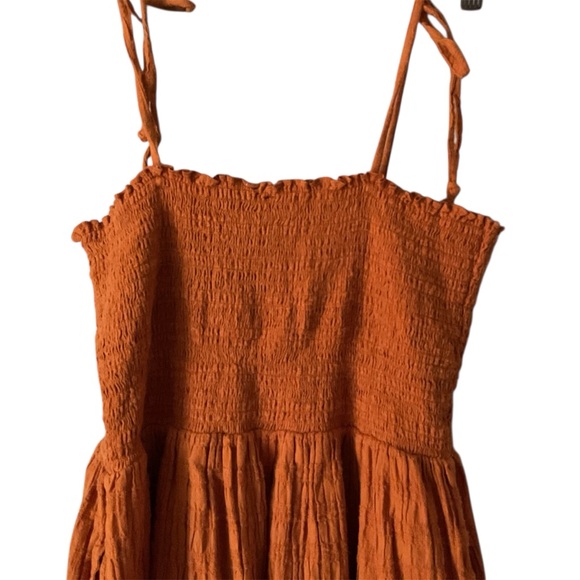 Aerie Rust Orange Smocked Button Front Tie Up Straps Midi Sun Dress Size Medium - Picture 5 of 9